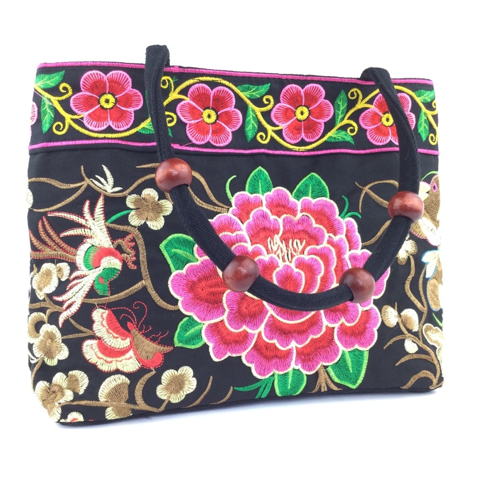 Embroidered Floral bird and butterfly black bag